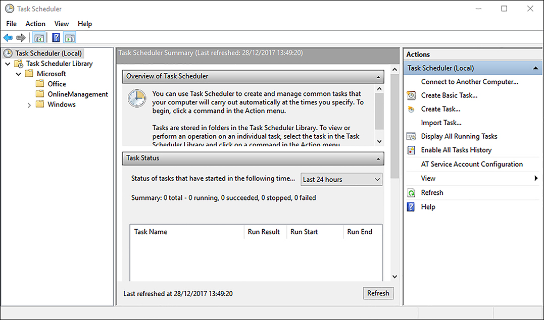 A screen shot shows the main Task Scheduler console. An overview appears in the center pane, and the Actions pane on the right lists the options: Connect To Another Computer, Create Basic Task, Create Task, Import Task, Display All Running Tasks, Enable All Tasks History, and AT Service Account Configuration.