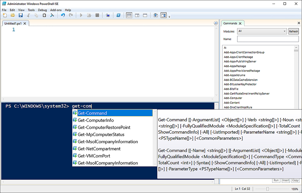 A screen shot shows Windows PowerShell ISE. The administrator is attempting to run the get-command cmdlet, and several options are presented, with an info tip with more specific detail about the assumed cmdlet.