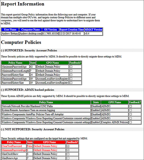 A screen shot shows the MDM Migration Analysis Tool XML Output. The top of the report shows a summary report information table with a blue heading. Below are computer polices: SUPPORTED: Security Account Policies and SUPPORTED: ADMX backed policies in tables with a Green table heading, and below are NOT SUPPORTED: Security Account Policies in a table with a Red table heading.