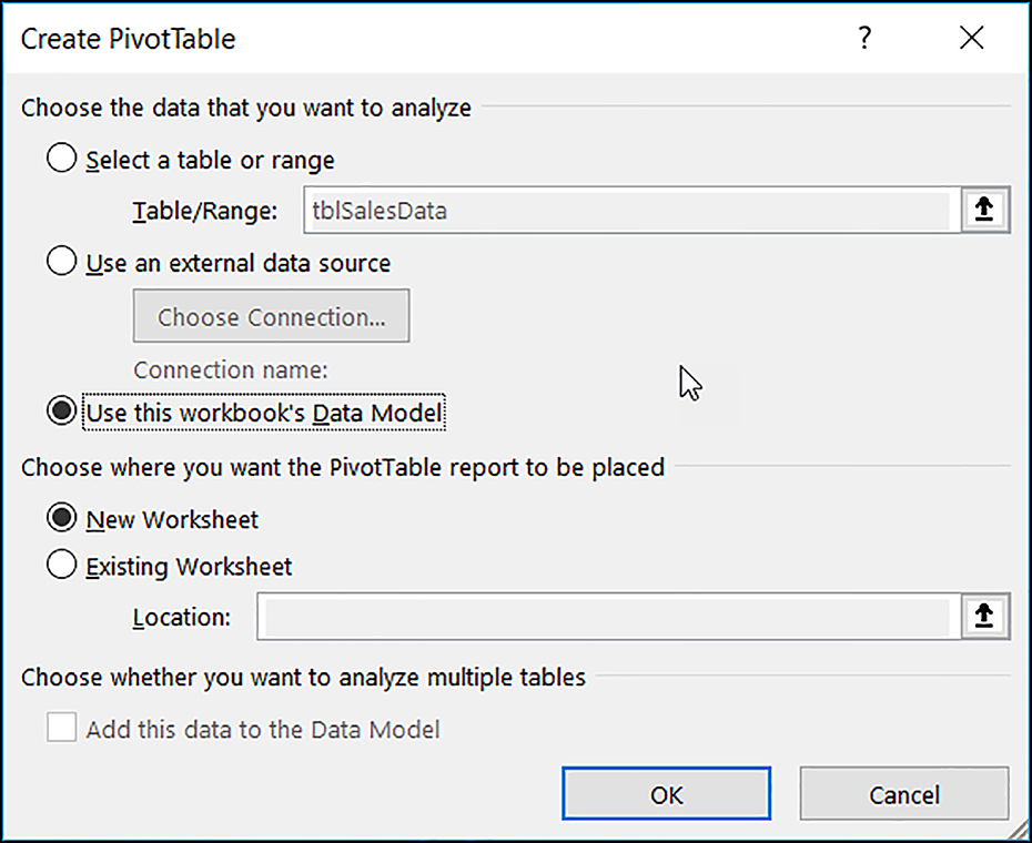 The Create PivotTable dialog box. The selections that have been made are the same as described in the previous demo.
