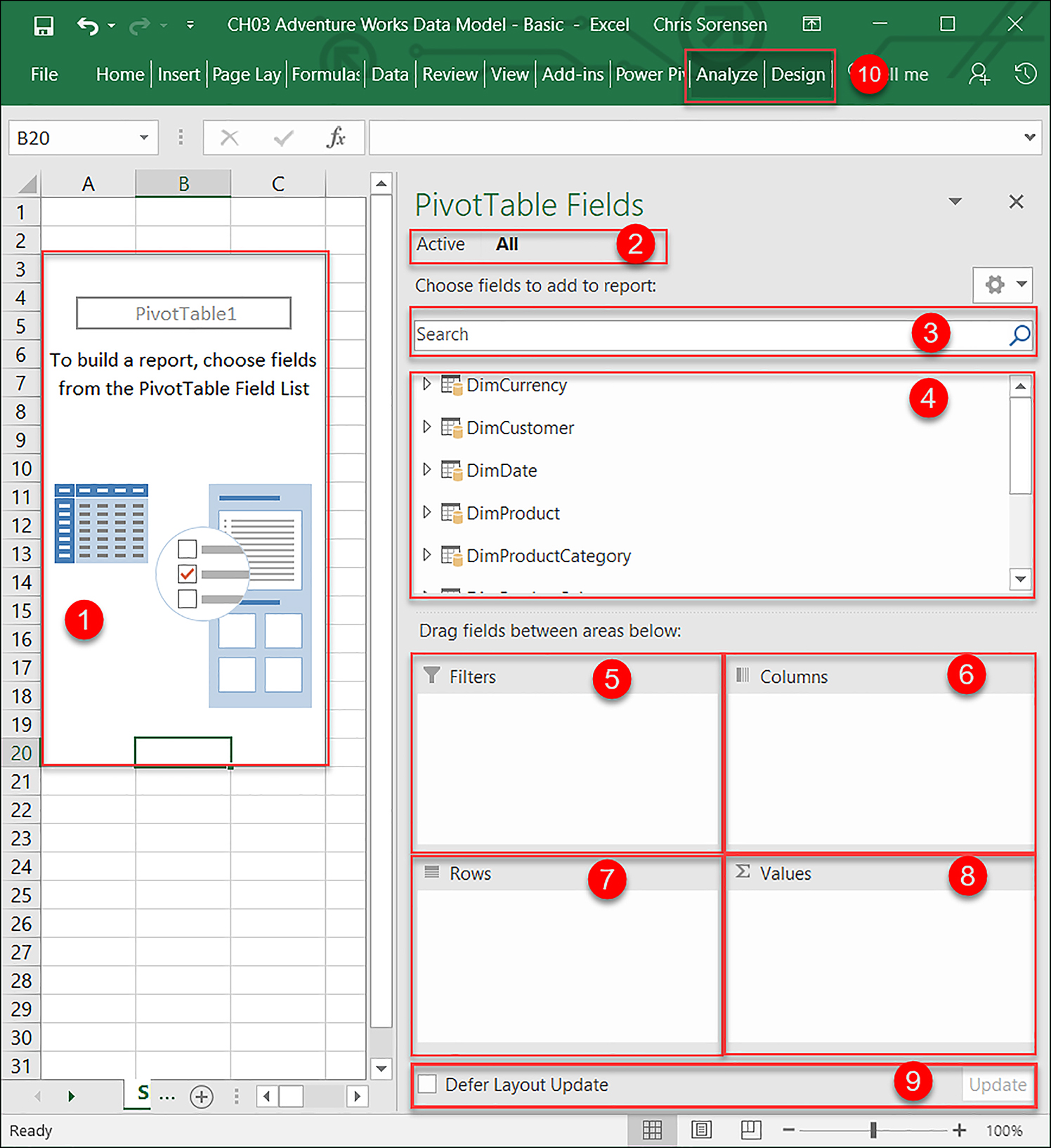 Empty PivotTable and PivotTable Fields pane. Each of the areas are highlighted on the figure and are described next.