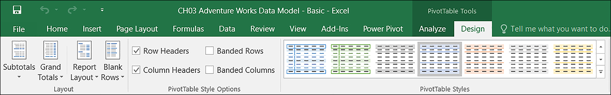 This is the Excel ribbon with the Design tab in PivotTable tools selected. 