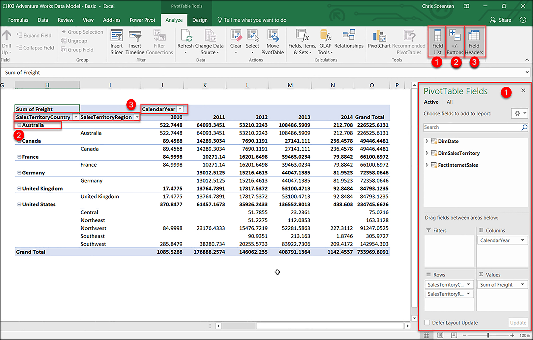 The PivotTable Interface and how it will react to the toggle commands in the Show groups. We are demoing which buttons can be toggled to make different parts of the PivotTable turn on and off.