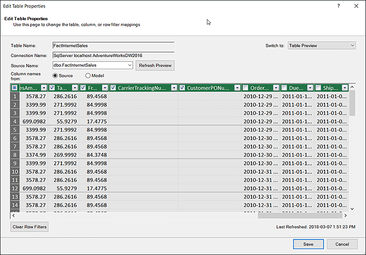 This is a sample of the Edit Table Properties dialog. We are looking at the non-optimized FactInternetSales table.