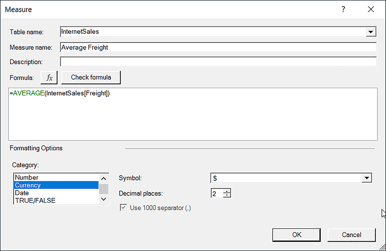 Measures management dialog where we configure the Average Freight measure format.
