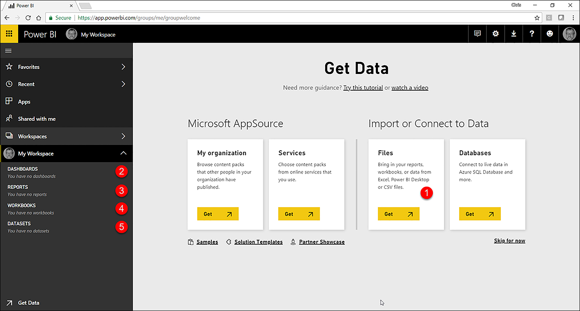 Power BI Service interface. For this exam we will use the Get Data functionality to integrate between Excel and Power BI. The relevant parts of the service for purposes of this book are shown in the following list.