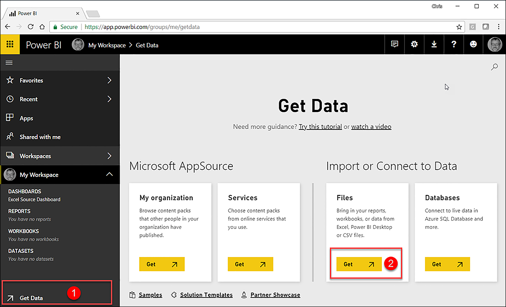 Get Data from Excel using the Power BI Service.