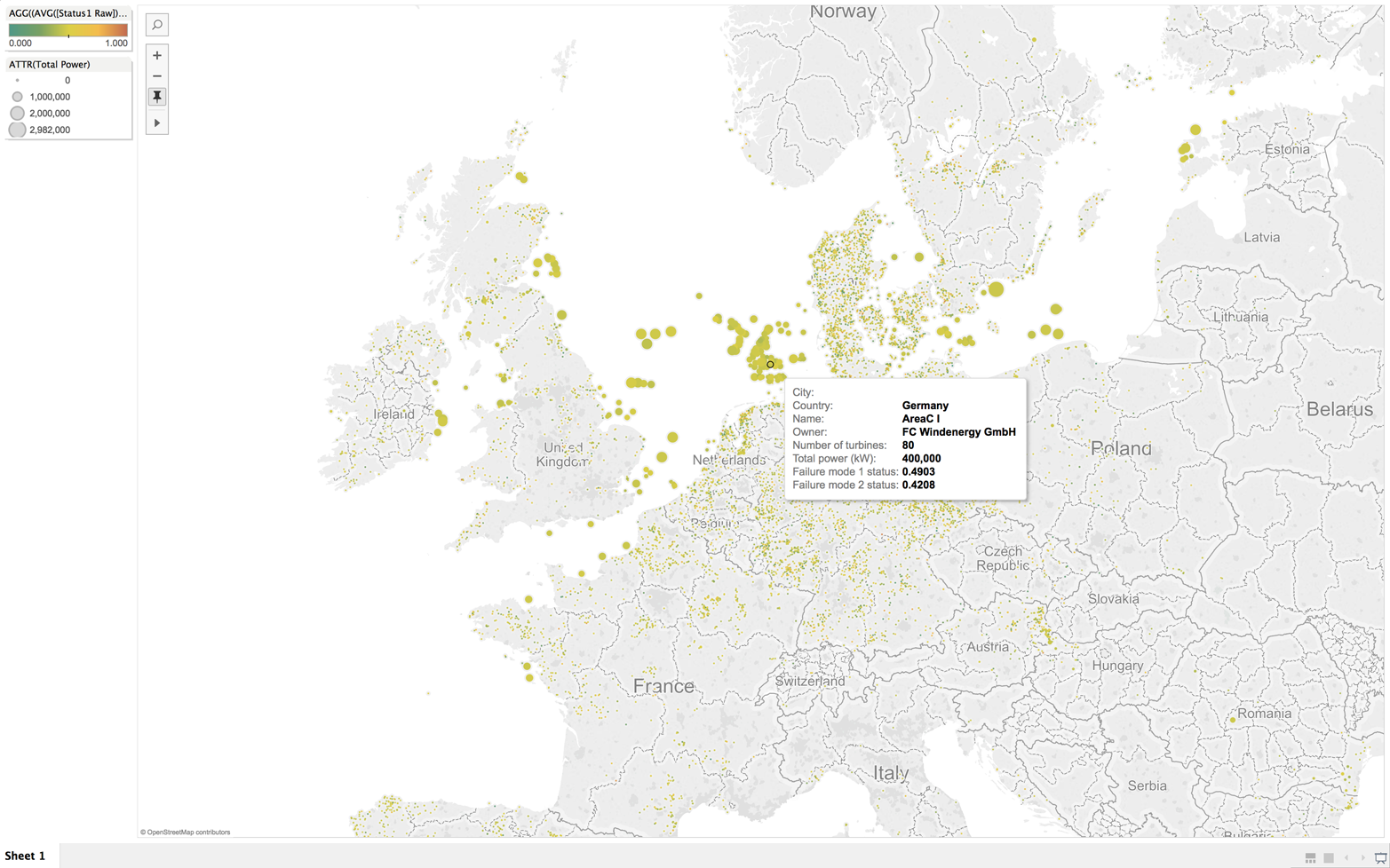 Tableau dashboard showing geographic distribution of wind farms in Europe