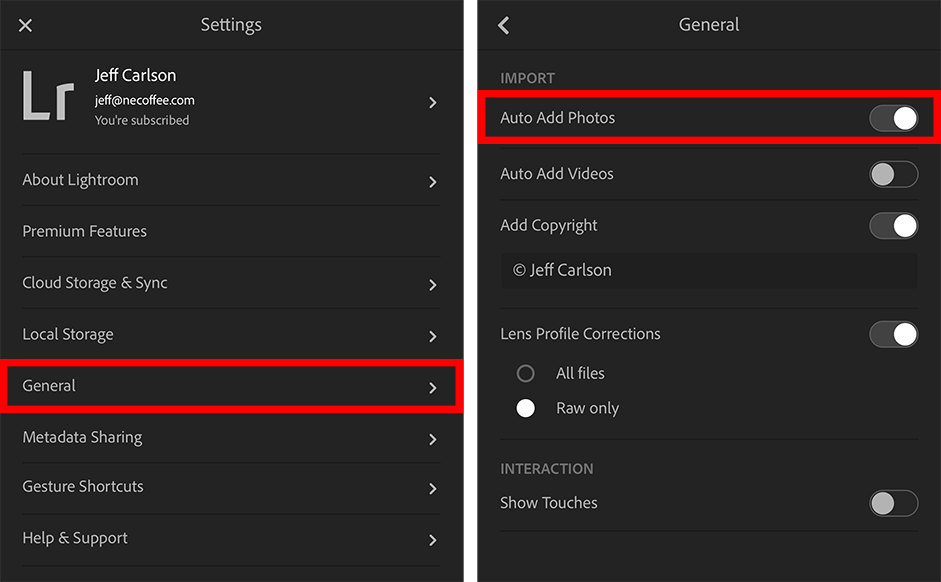 **Figure 3:** Set Lightroom Mobile to automatically import images from the device’s built-in photo storage.