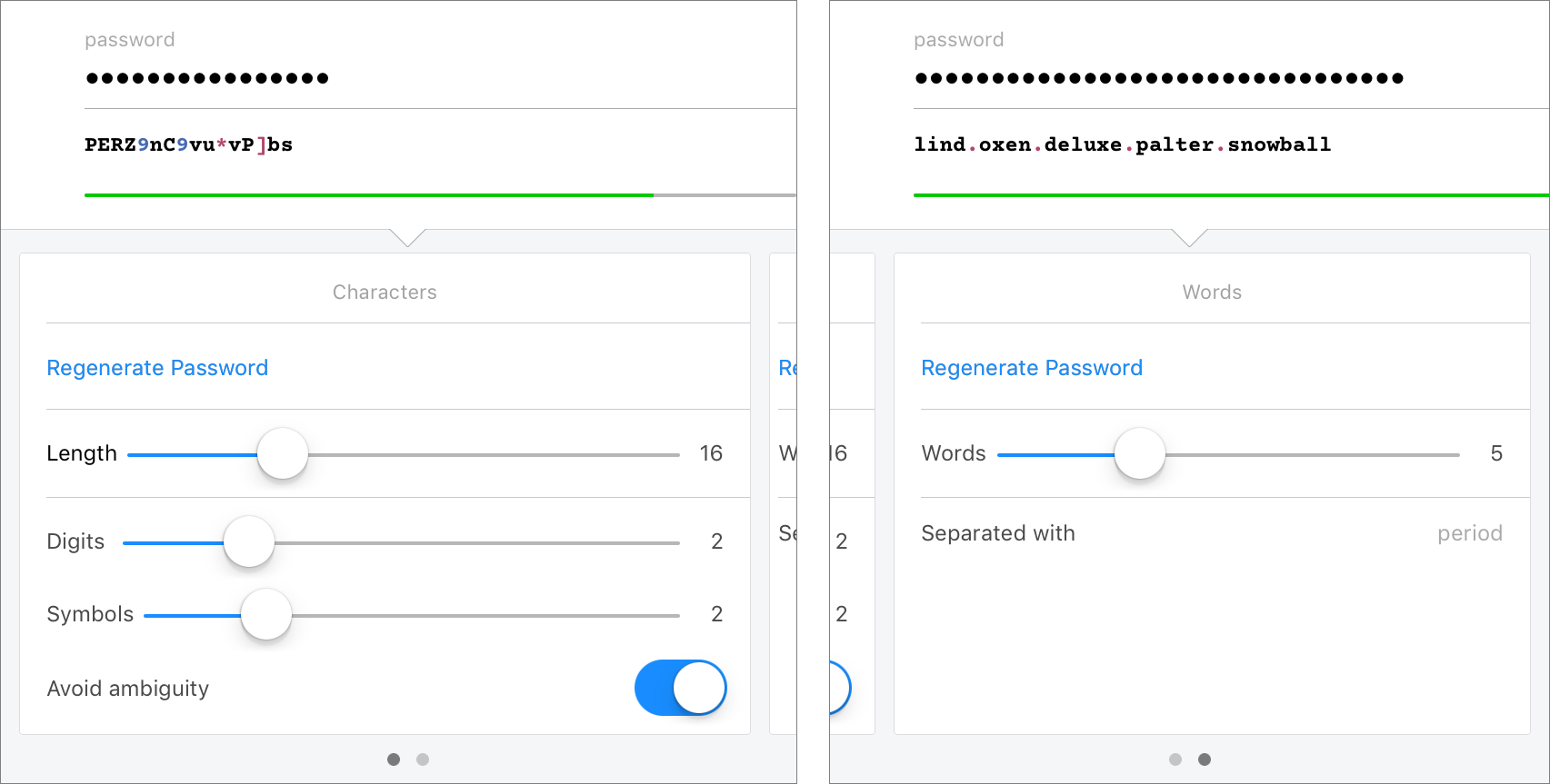 **Figure 43:** The password generator in iOS (in its basic mode). Swipe to the right to see Characters mode (left); swipe to the left to see Words mode (right).