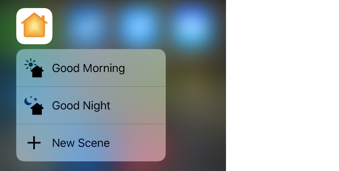 Figure 26: If you have a 3D Touch-equipped iPhone, you can press on the Home app icon to see scene shortcuts.