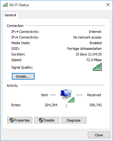 Figure 22: Open Wi-Fi Status via the Network and Sharing Center to see more detail about your Wi-Fi network.