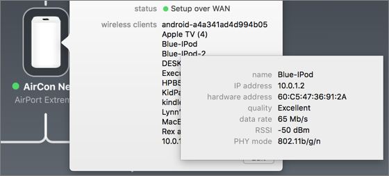 Figure 24: In AirPort Utility for Mac, the Wireless Clients entry shows connection information. Wow, that’s a lot of clients for a family of four in a small house!