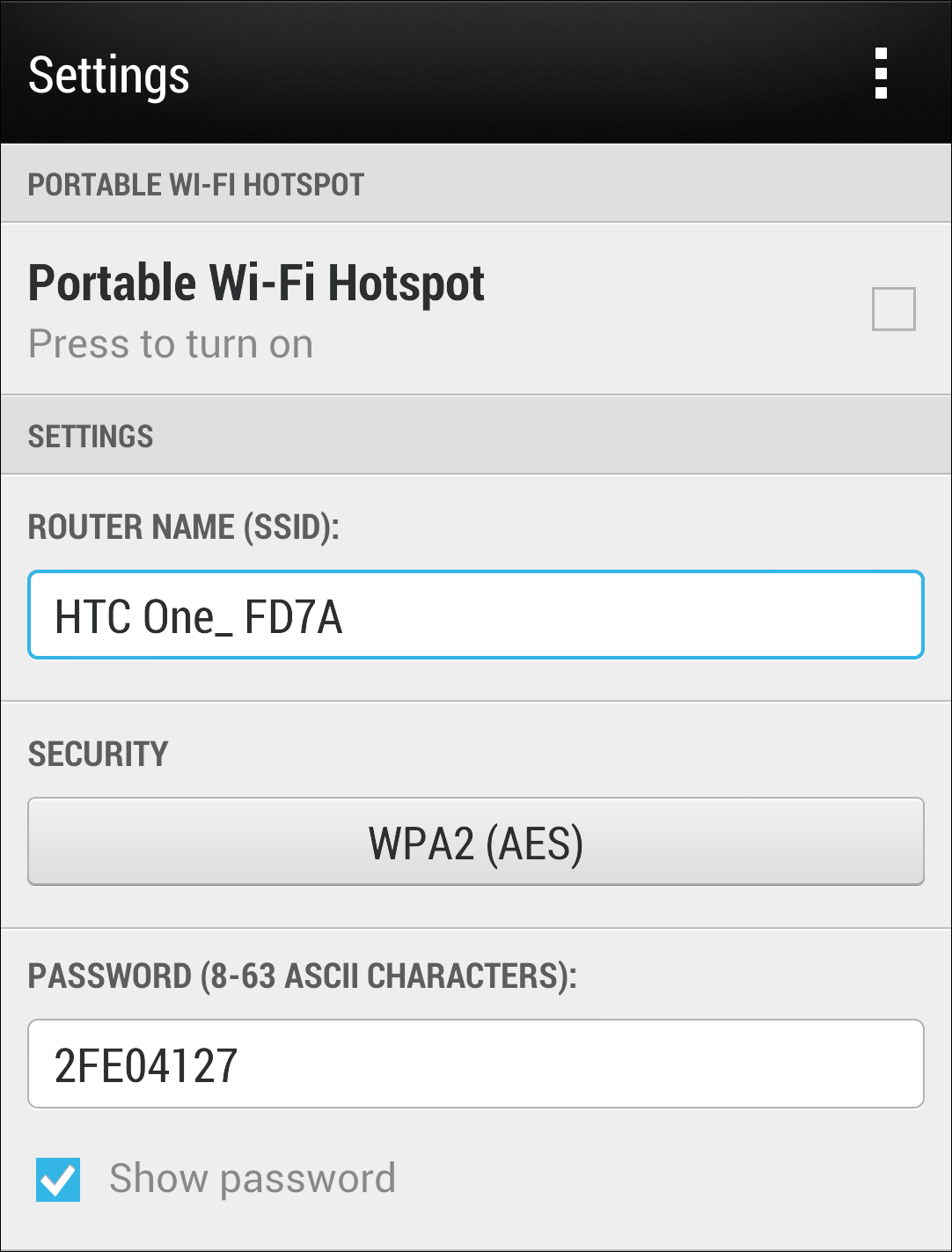 Figure 41: Android’s Portable Wi-Fi Hotspot allows more settings than iOS, including choosing a security method.