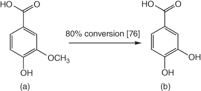 Structural illustration of Demethylation of vanillic acid (a) to generate protocatechuic acid (PCA) (b).