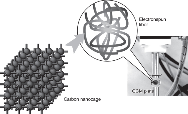 llustration of Nanostructure carbon with cage-in-fiber structural motif on a QCM sensor plate.