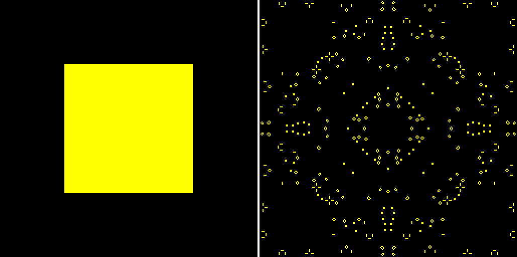 Conway game of life simulation. We have changed the cell initialization values from the repository code to start with a square of living cells at the center of the simulation area (left image). After 2000 iterations, complexity emerges (right image).