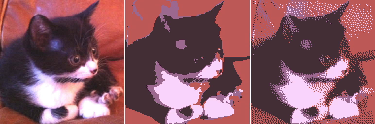 Dithering may alter color pixel values in the framebuffer if it has lower precision than the computed colors. On the left: picture of a cat in 32 bits RGBA colors. In the middle: picture of the cat in 2 bits indexed RGBA color. Color precision has decreased and each pixel is replaced by the nearest color in the new color palette. On the right: picture of the cat with the same 2 bits indexed RGBA color, but with dithering enabled. Pixel colors are no longer the nearest color in the new color palette: some noise has been introduced in order to avoid the creation of borders.