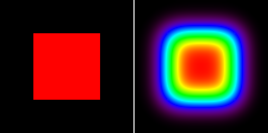 On the left: simulation in the initial state, on the right: simulation after 2000 seconds. Colors are defined by the *IDL_Rainbow color map* implemented in the fragment shader and calibrated from 0°C to 100°C.