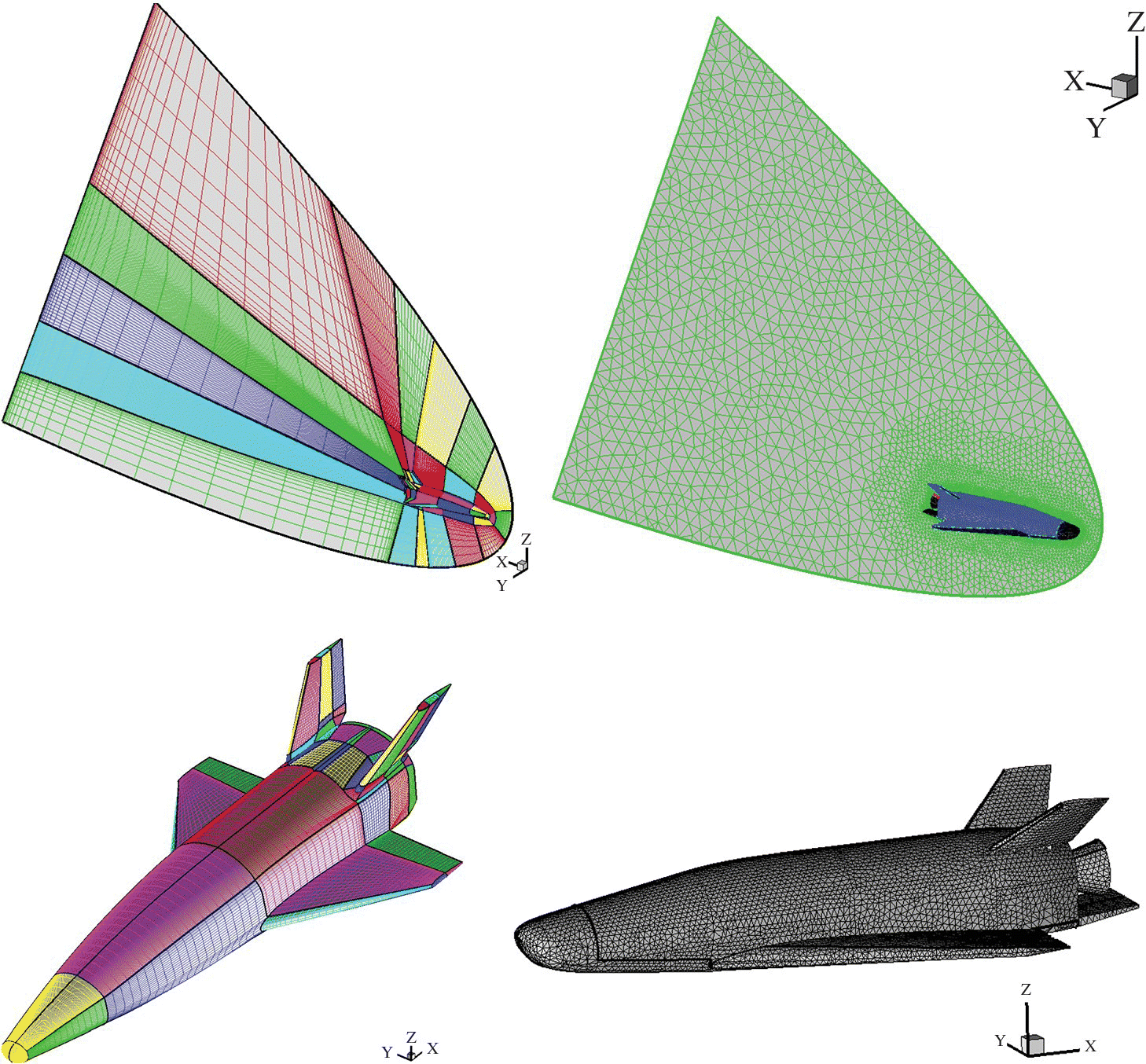 3D images of sup‐hypersonic computational domain: mesh on symmetry plane and vehicle surface.