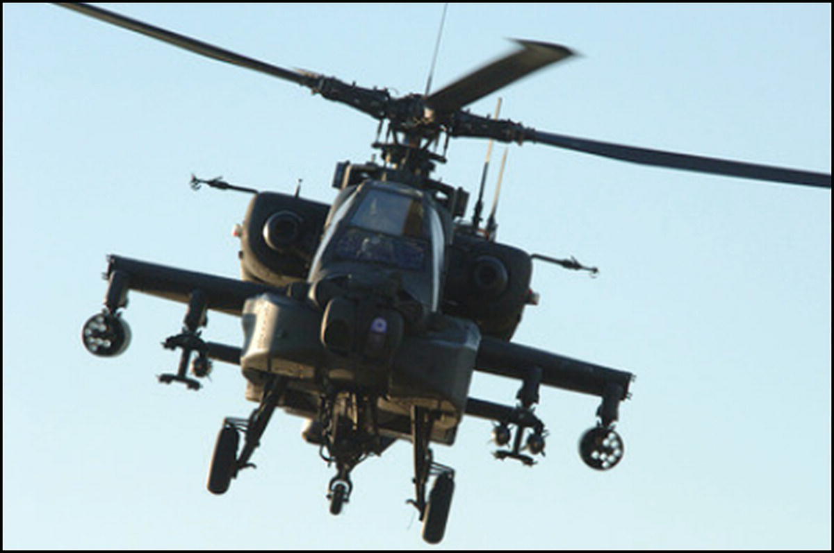 Photo of an AH‐64 Apache helicopter.