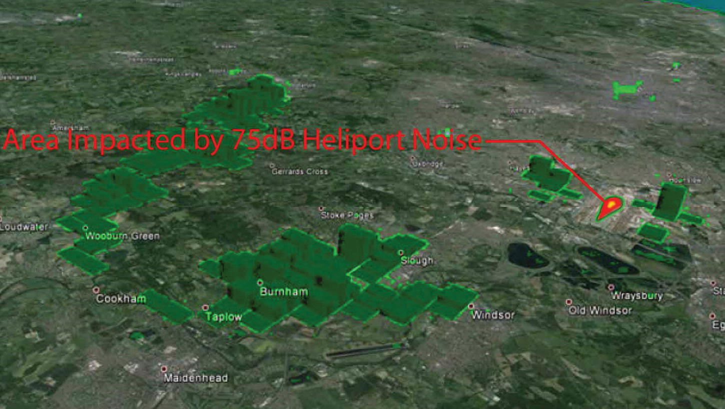 Computer-generated image displaying a topographical map with the physical noise footprint of real estate impacted at 75 db of representative urban heliport.