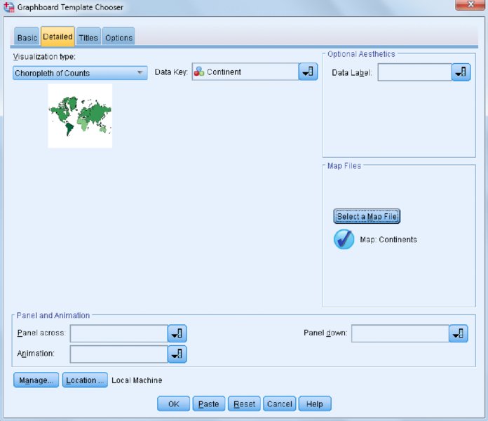 Screenshot shows dropdown boxes to choose Visualization type, Data key, Data label, Panel across, Panel down and Animation along with continents map and Select a Map File button.