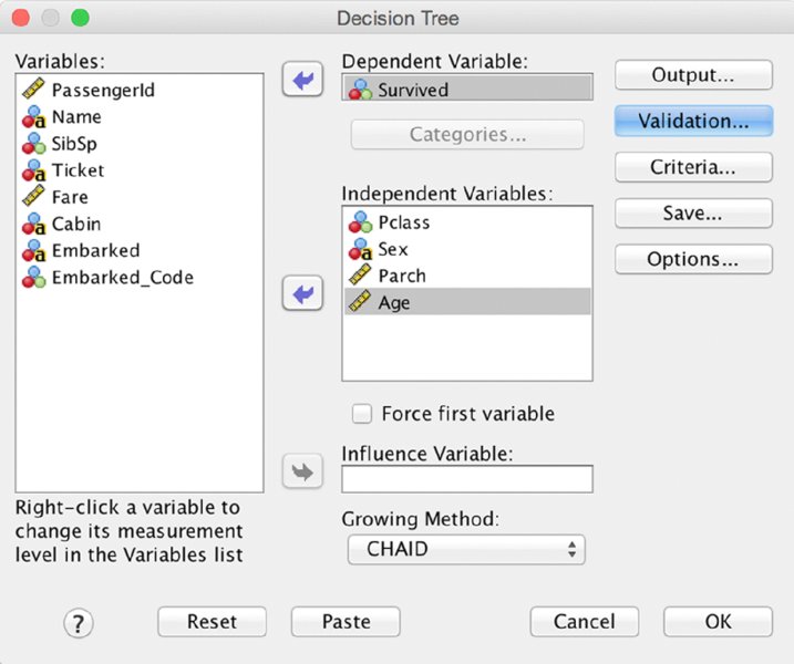 Screenshot shows list of variables, dependent variable, independent variables, influence variable, growing method, buttons for Validation, Criteria, Output, Save et cetera.