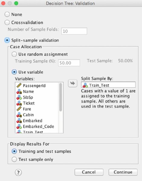 Screenshot shows options for cross validation, split-sample validation, random management, display results for training and test samples and display results for test sample only.