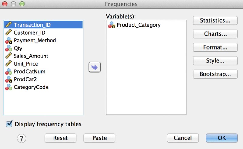 Screenshot shows frequencies dialog window with variable list shown along with variables box and buttons provided for statistics, charts, format, style, bootstrap, rest, paste, OK, and cancel.