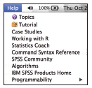 Screenshot shows Help menu expanded to display list of options such as topics, tutorial, case studies, algorithms et cetera.