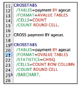 Screenshot shows crosstabs examples with line numbers in editor window.