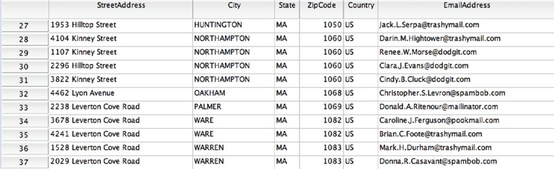 Table shows columns for street address, city, state, zip code, country, and email address along with serial number.