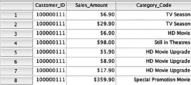 Table shows eight rows of transactional dataset with columns for customer id, sales amount, and category code 