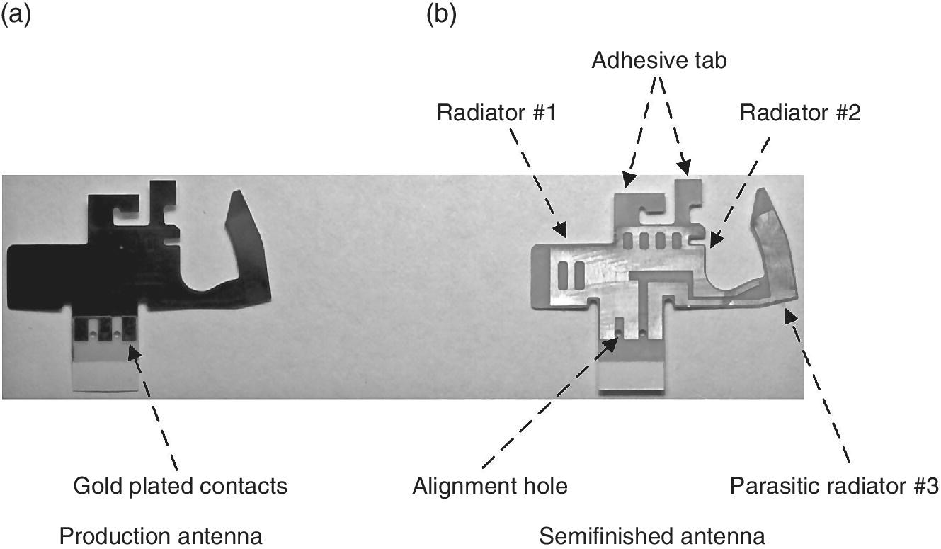 Photos of production antenna with arrow pointing to gold plated contacts (left) and semifinished antenna with arrows pointing to radiators, adhesive tab, alignment tube, and parasitic radiator (right).