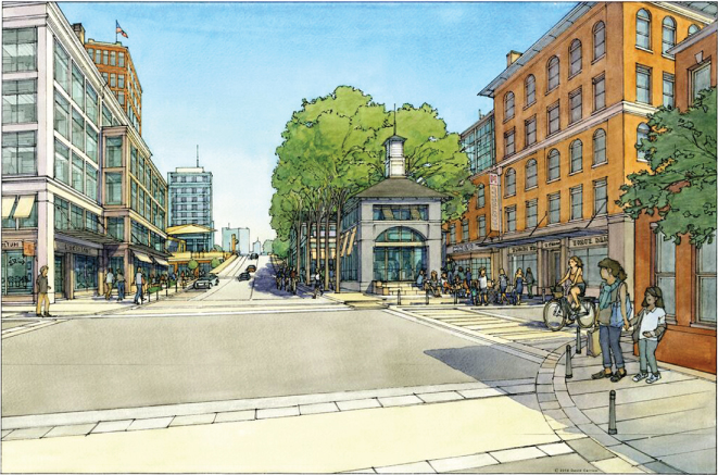 Color sketch showing Union Square, Prospect Street.