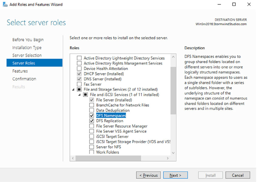 Window shows dialog box of add roles and features wizard with tabs for before you begin, server roles (selected), et cetera, option for roles, and marking for description.