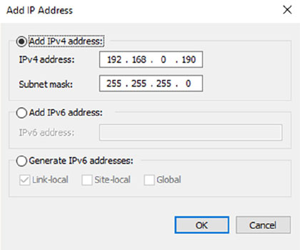 Window shows dialog box of add IP address with section for add IPv4 address, add IPv6 address, and generate IPv6 addresses.