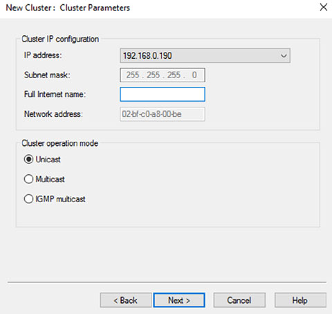 Window shows dialog box of new cluster: cluster parameters with sections for cluster IP configuration (IP address) and cluster operation mode (unicast, multicast, IGMP multicast).