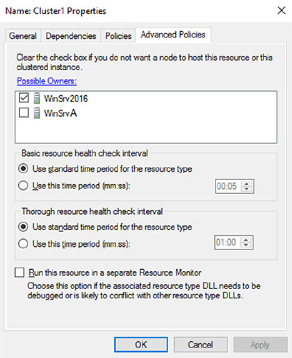 Window shows dialog box of name: cluster1 properties with tabs for general, dependencies, policies, and advanced policies (selected), and columns for AND/OR, and resource.