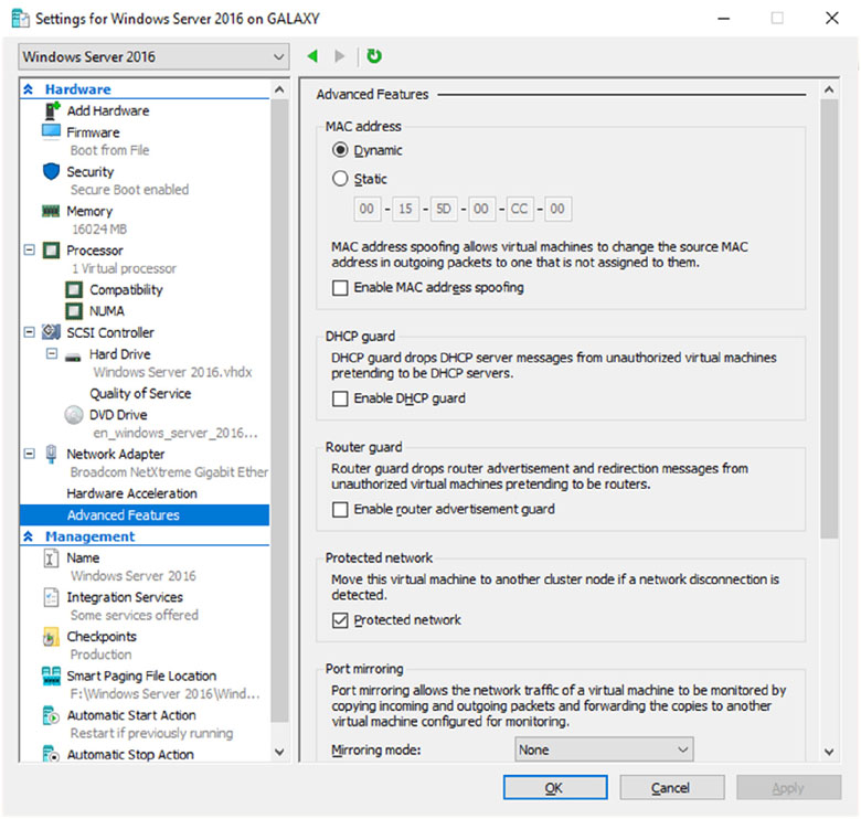Window shows dialog box of setting for windows server 2016 on GALAXY with sections for MAC address (dynamic, static), DHCP guard, router guard, protected network, and port mirroring.