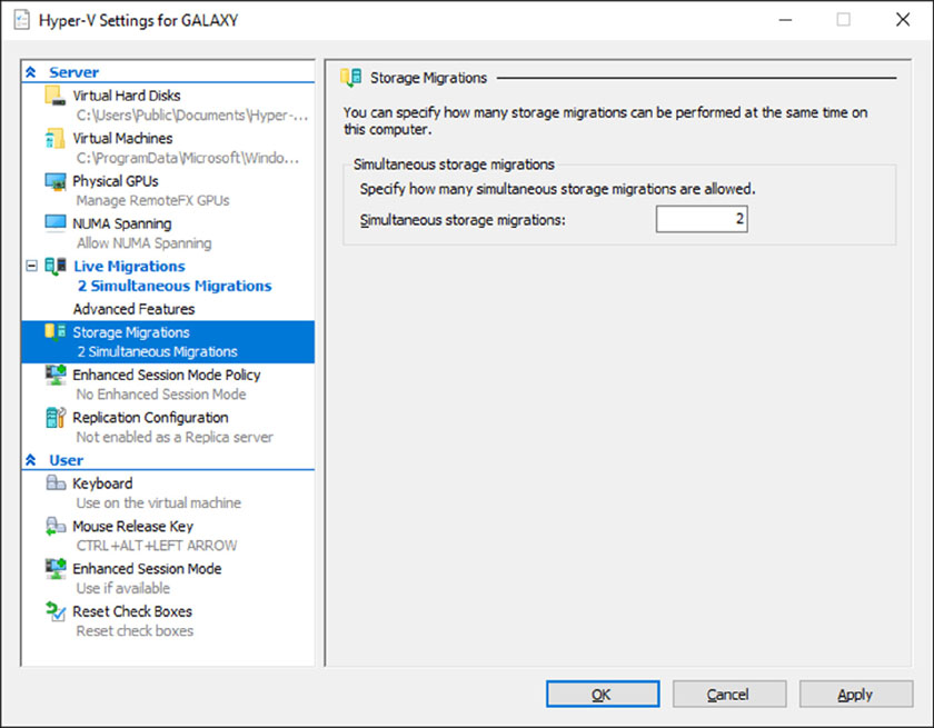 Window shows dialog box of hyper-V settings for GALAXY with section for simultaneous storage migrations.