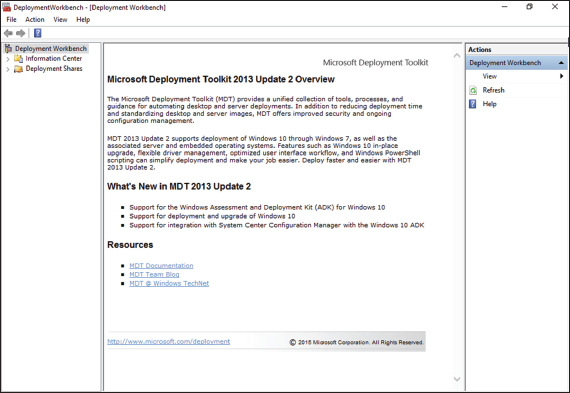 Window shows console of Microsoft deployment toolkit, where description of toolkit 2013 update 2, what’s new in MDT 2013 update 2, and resources is given.