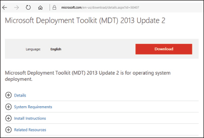 Window shows webpage to download Microsoft deployment toolkit 2013 update 2 with other options for details, system requirements, install instructions and related sources.