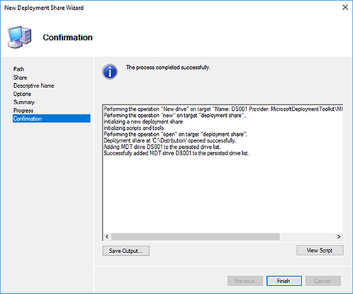 Window shows new deployment share wizard where process has been completed successfully and three buttons for save output, view script, and finish.
