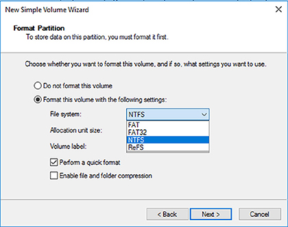 Window shows new simple volume wizard on Windows server 2016 with options for do not format, format this volume, file system, allocation unit size, volume label, et cetera.