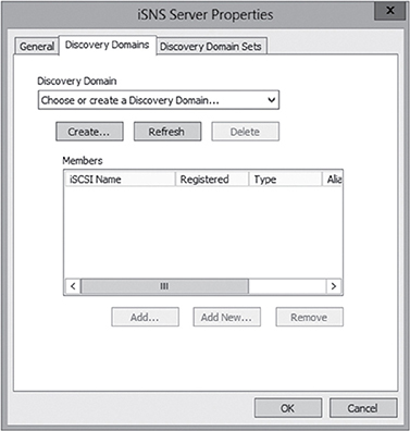 Window shows discovery domains tab of iSNS server properties with option to choose or create discovery domain and buttons for create, refresh, delete, add, add new, remove, ok, and cancel.