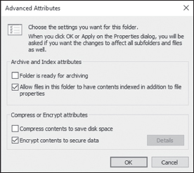 Window shows advanced attributes to set up encryption on folder with options for compress contents to save disk space, encrypt contents to secure data, et cetera.