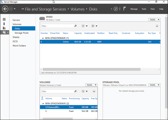 Window shows server manager with options for servers, volumes, disks, storage pools, shares, iSCSI, and work folders.