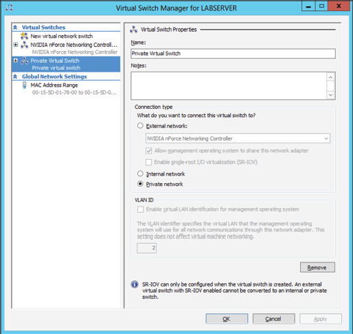 Window shows virtual switch manager for LABSERVER to select what to connect this virtual switch to from external network, internal network and private network.